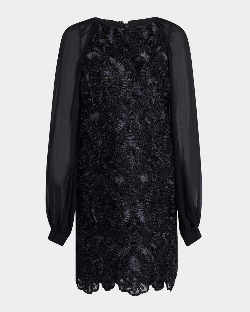 Sheer Blouson-Sleeve Ribbon Mini Dress